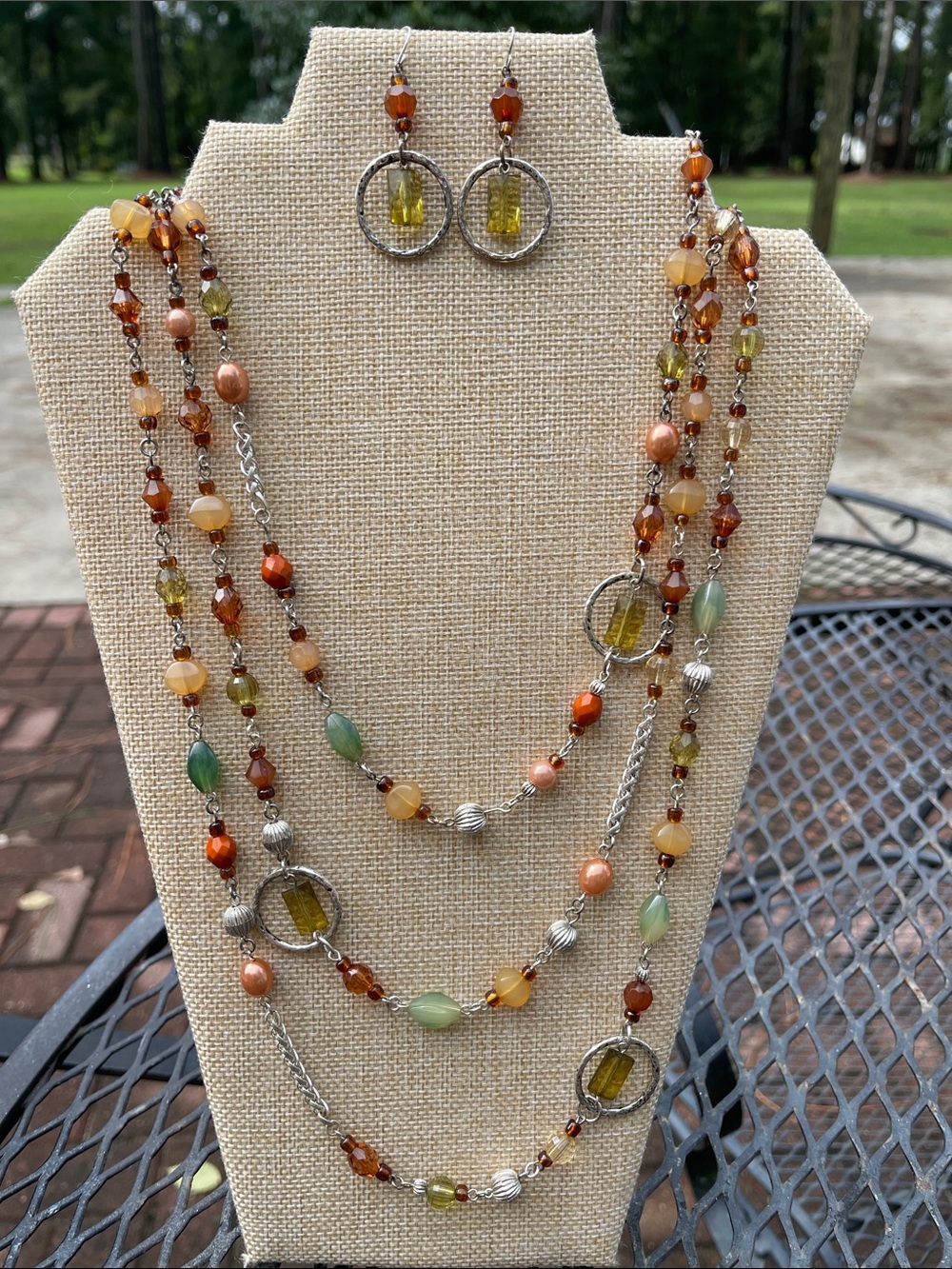 Vintage Style Earth-toned Multi-Strand Beaded Necklace with Earrings - Bohemian - Picture 15 of 15